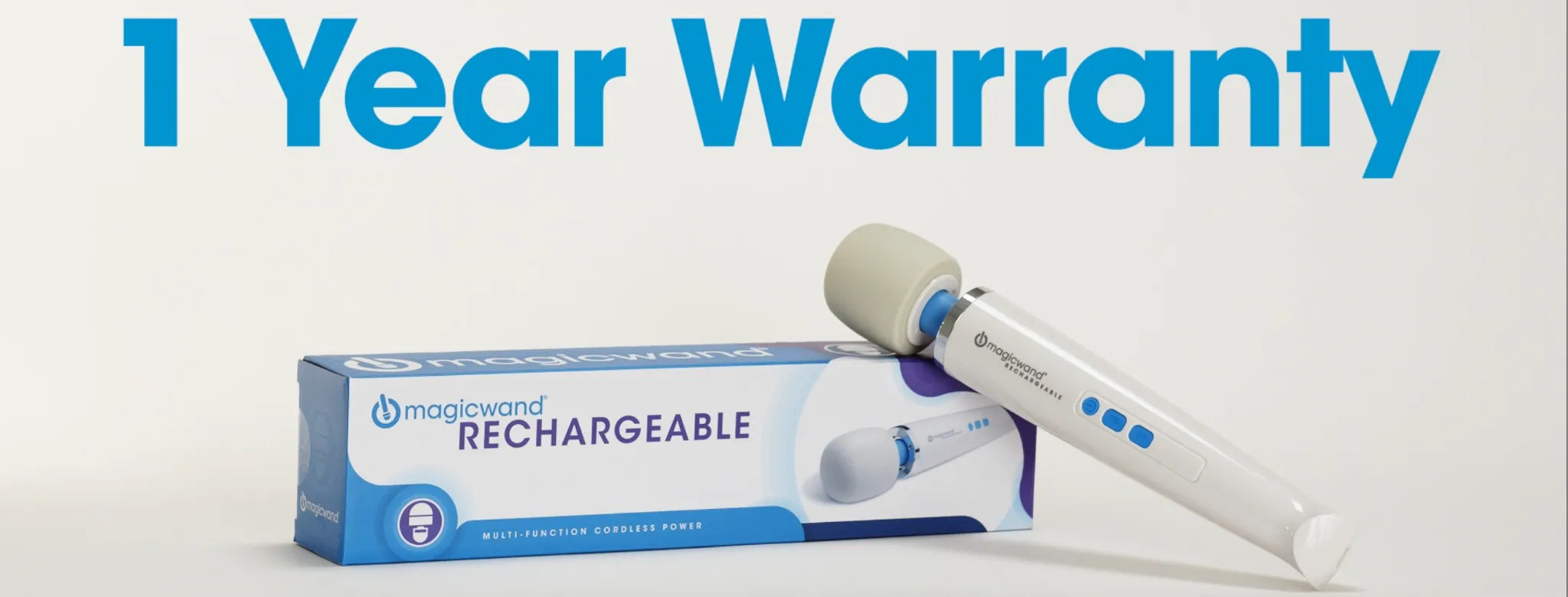 Magic Wand Rechargeable with its packaging and 1-year warranty promotion