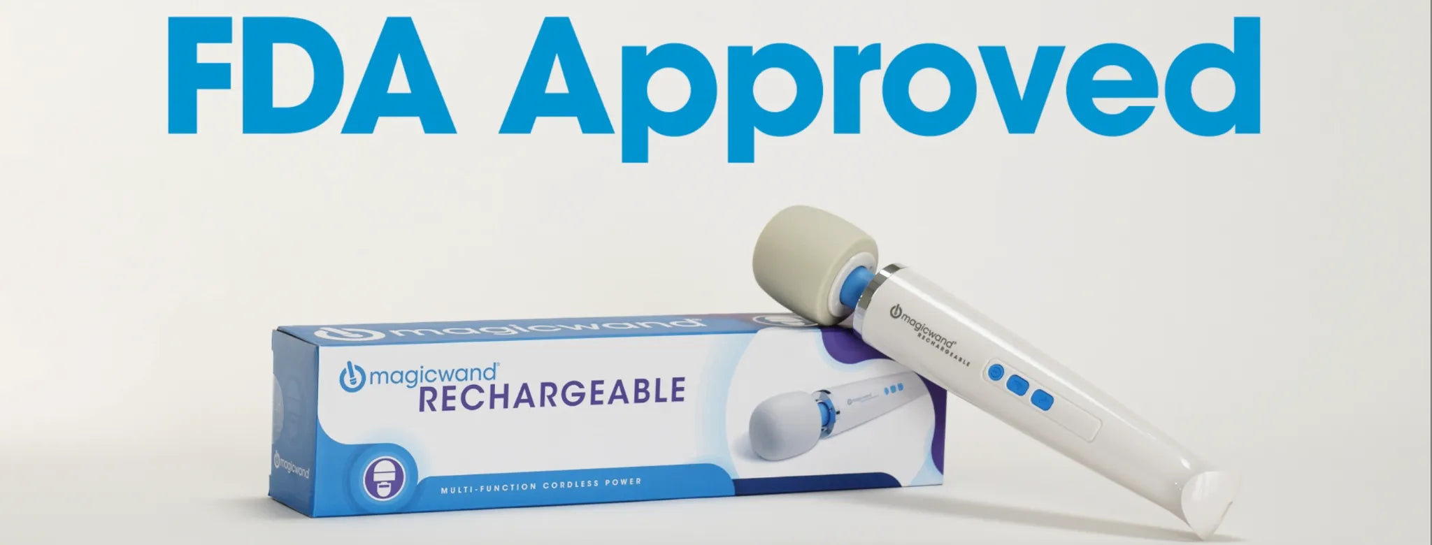 Magic Wand Rechargeable massager beside its packaging with FDA Approved label